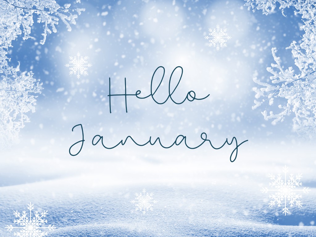 Graphic with snowflakes that says Hello January.