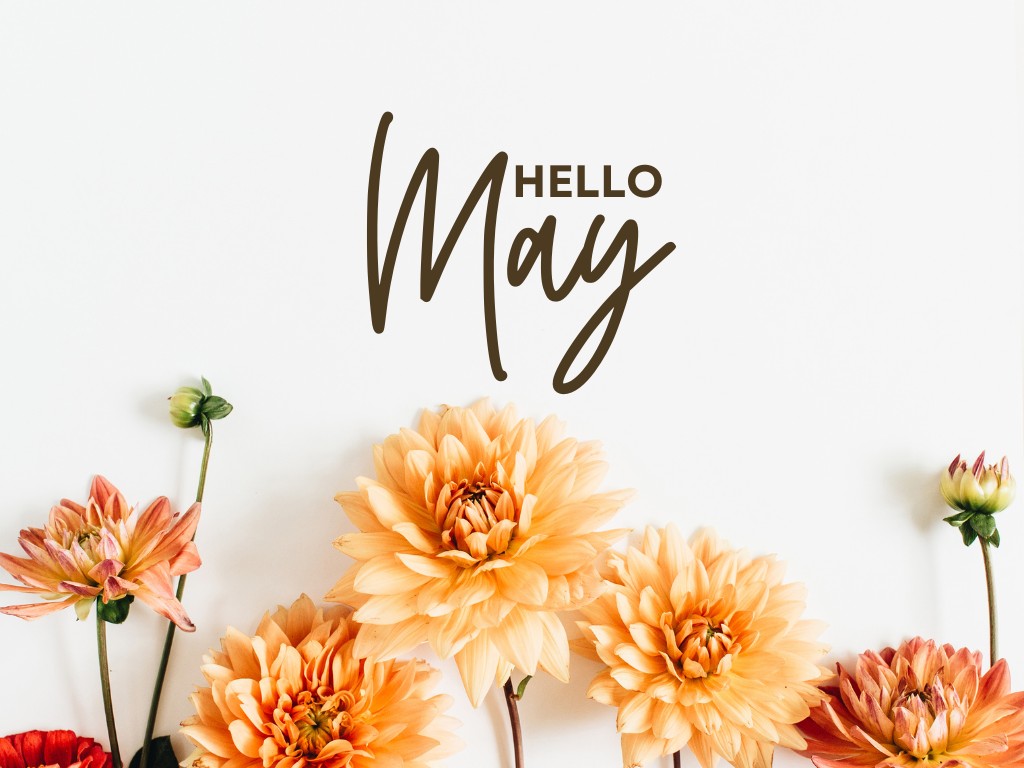 Graphic with flowers that says Hello May.