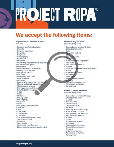 In-kind donation list of accepted items
